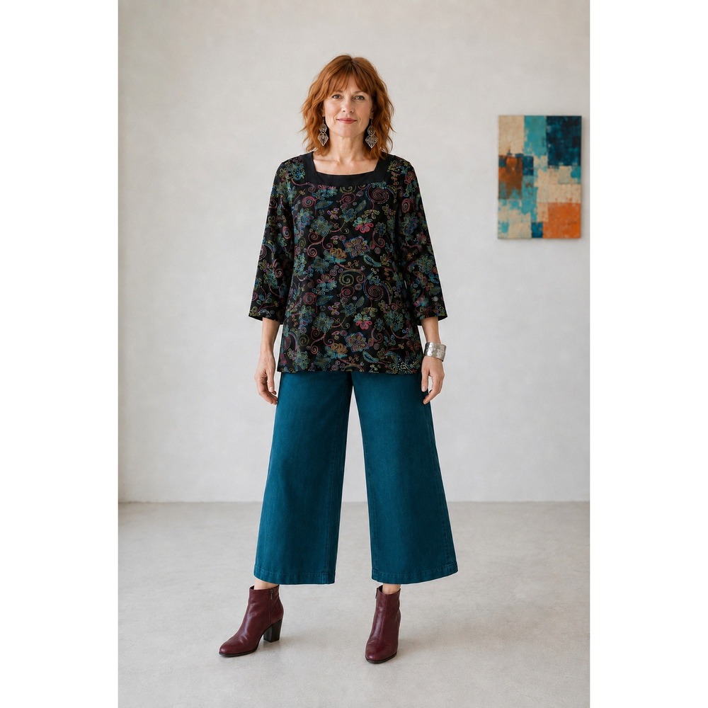 Boho Retro Y2K Funky Black Multicolor Textured Floral Paisley 3/4 Sleeve L Top
